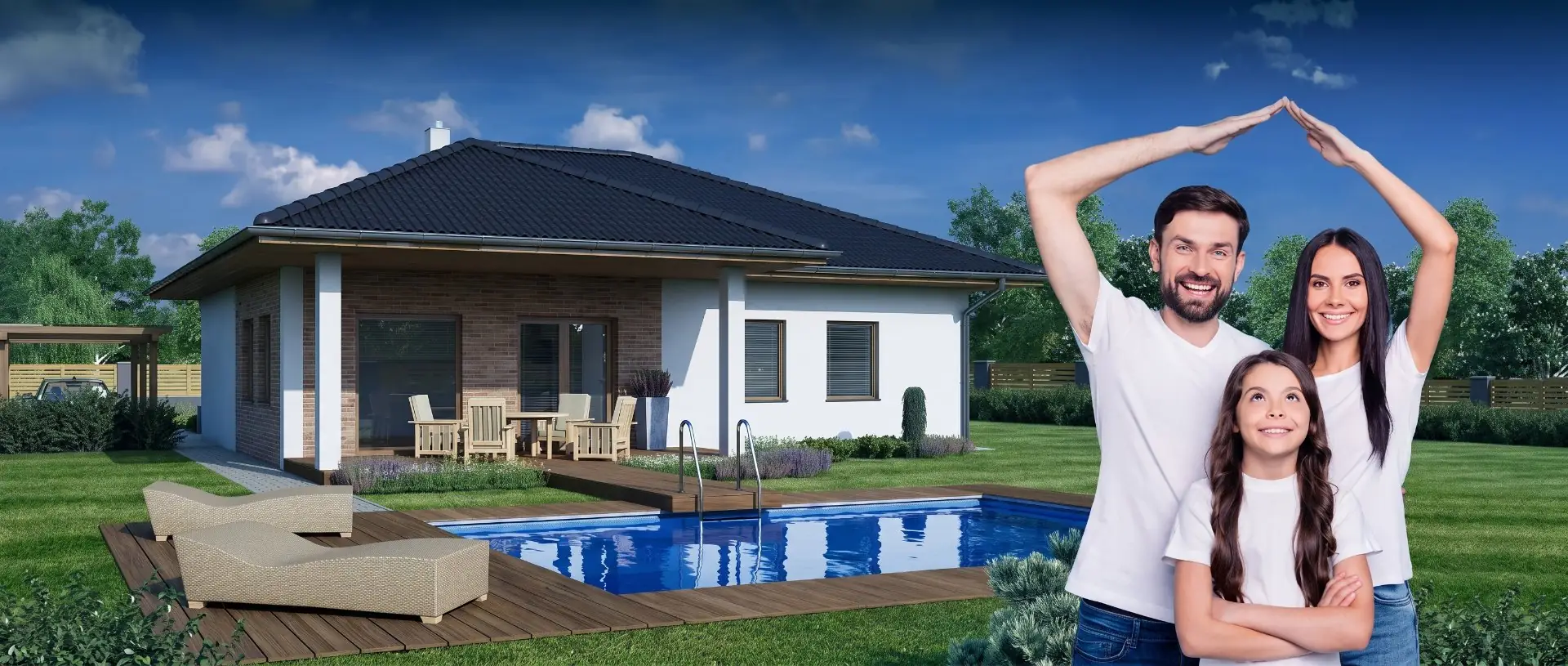 Rodina před nízkoenergetickým bungalovem s bazénem